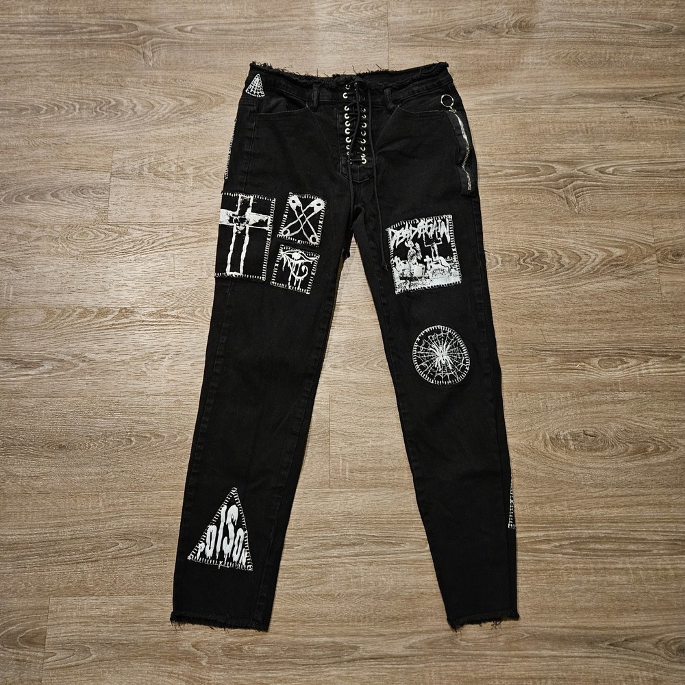 Current Mood Dolls Kill Jeans Womens Large Black Goth Lace Up Patchwork Grunge